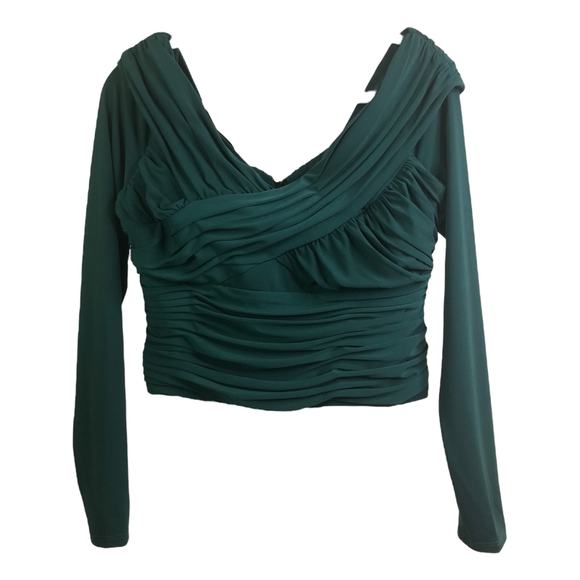 Self-Portrait Blouse Womens 10 Green Gathered Top Long Sleeves V-Neck Back Zip - Picture 1 of 12
